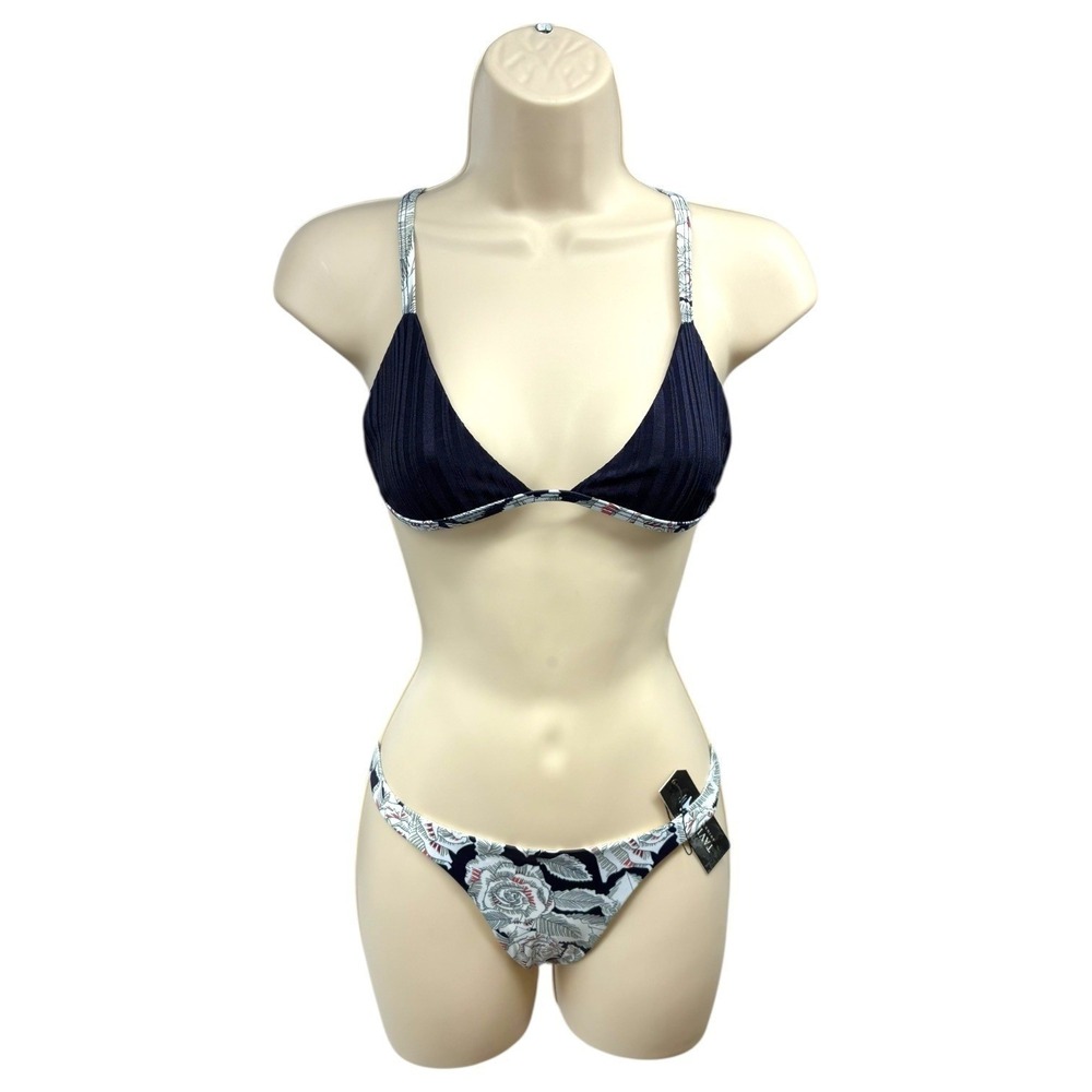 Tavik Honey Evening Blue Ribbed Triangle Bikini Set Floral Bottoms L NWT